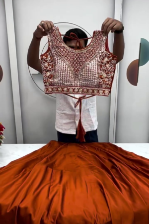 Orange Silk Zari Sequence Embroidery Work Semi Sttiched Lehenga Choli For Women's.