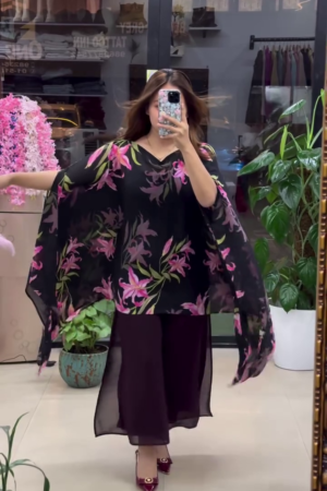 Enchanted Lily Chiffon Kaftan Set with Fluid Plum Trousers