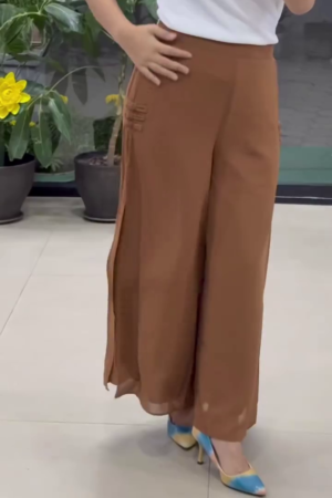 Aurora Double-Layered Side-Slit Palazzo Pants in Earthy Cinnamon