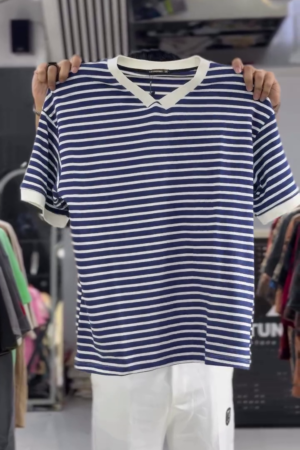 Striped Printed Short Sleeves Round Neck Cotton T-Shirt